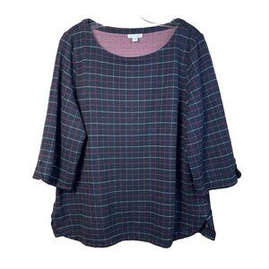 J. Jill Ponte Black Multi-Color Plaid 3/4 Sleeve Top Shirt Women's Size L Knit